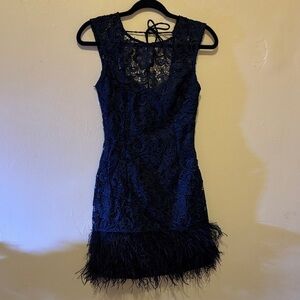 Lipsy Navy Lace Mini Dress with Feather Hem